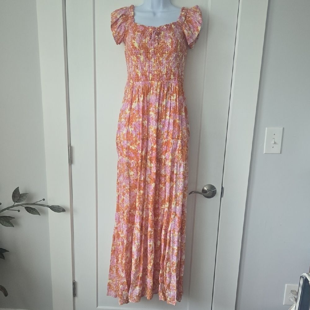 L*Space Smocked Maxi Dress Orange, Cream, And‎ Purple Floral Puff Sleeve